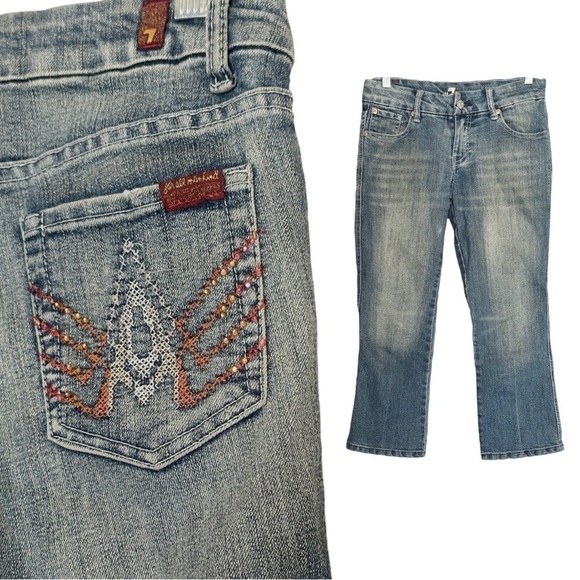 7 For All Mankind A Pocket Embroidered Crystal Cropped Skinny Jeans Size 27 - Picture 1 of 11